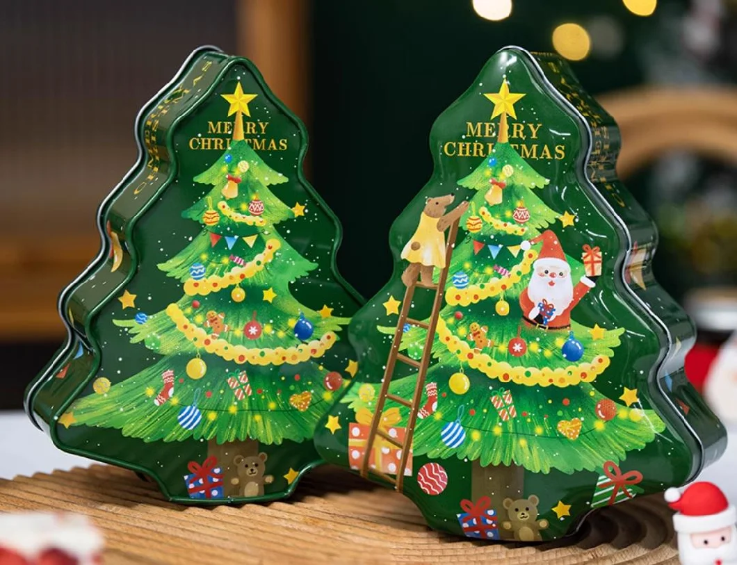 Customized Funny Christmas Tree-Shape Metal Chocolate Tin Candy Christmas Gift Tin Can Cookies Tin Case Sweets Packaging Tin Box