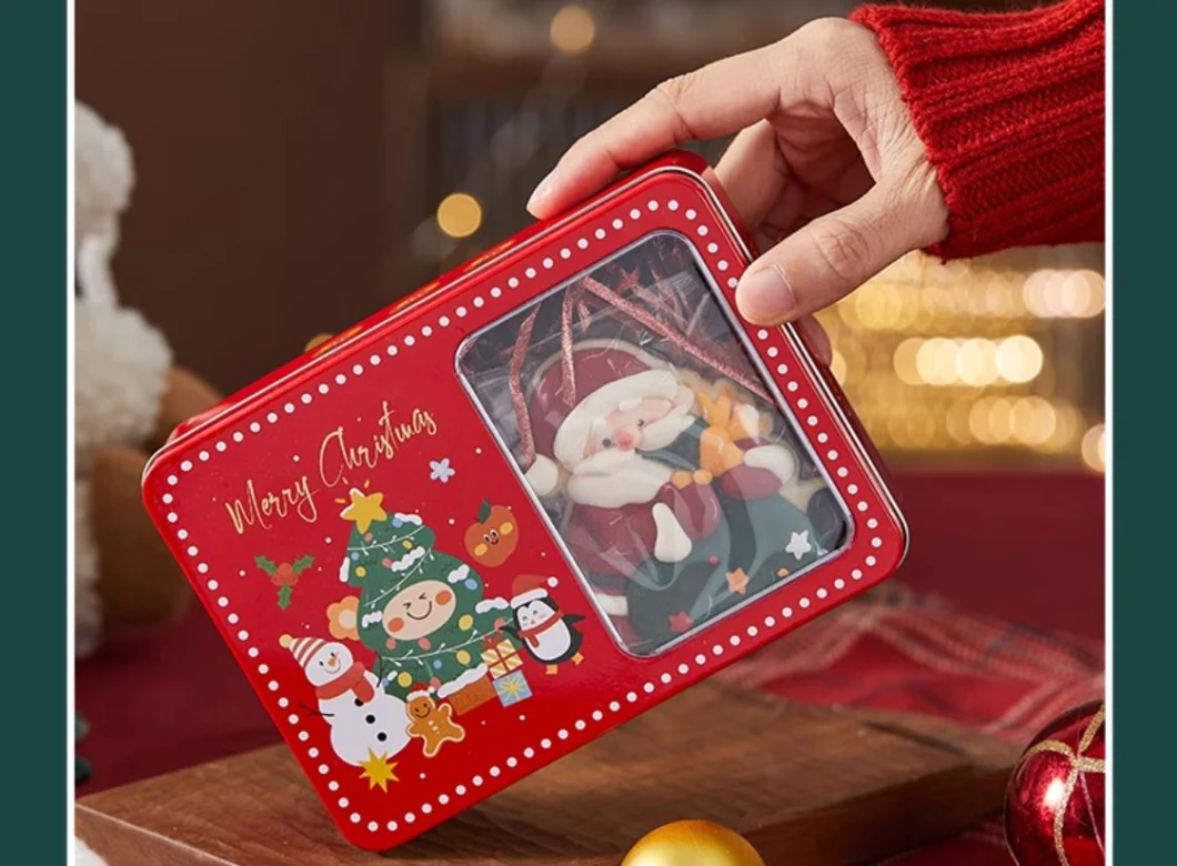Wholesale Customized Christmas Die-Cut Window Tin Box Souvenir Children Cookie Candy Packaging Empty Box Square Gift Tin Box